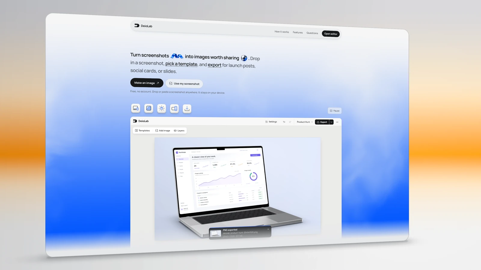 The DeioLab landing page in a tilted frame with a warm orange glow and a soft ground shadow.