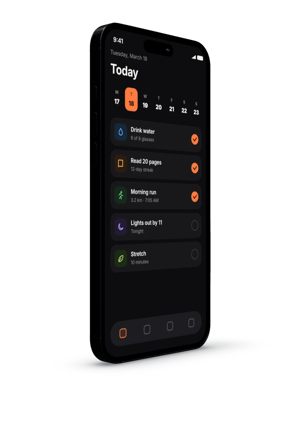 An iPhone in Space Black showing a habit tracker.