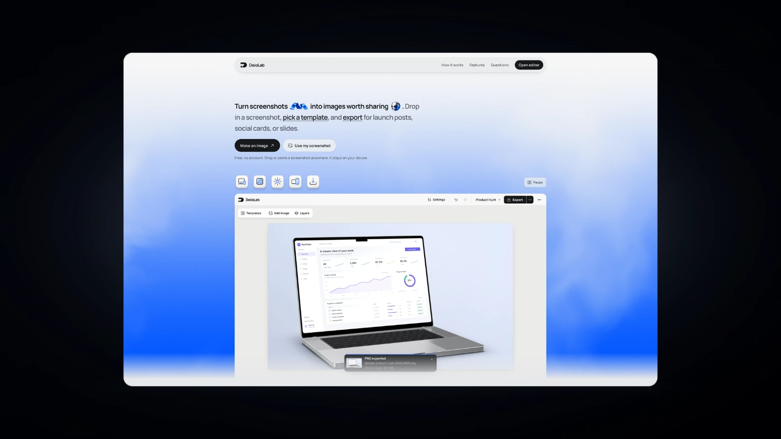 DeioLab screenshot in a clean frame on the midnight background.
