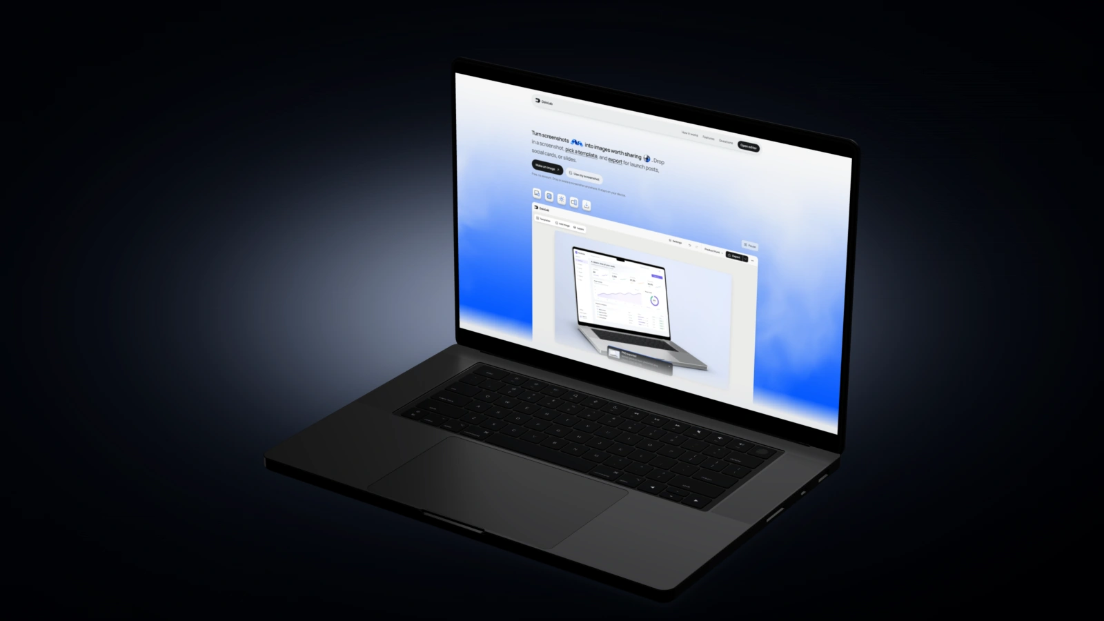 DeioLab screenshot in a laptop frame on the midnight background.