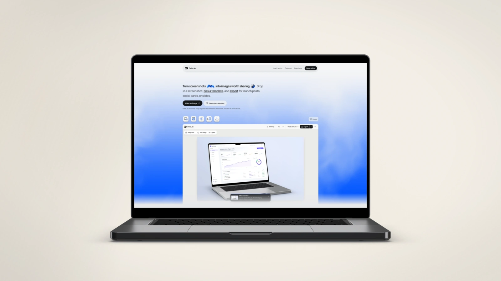 DeioLab screenshot in a laptop frame on the paper background.