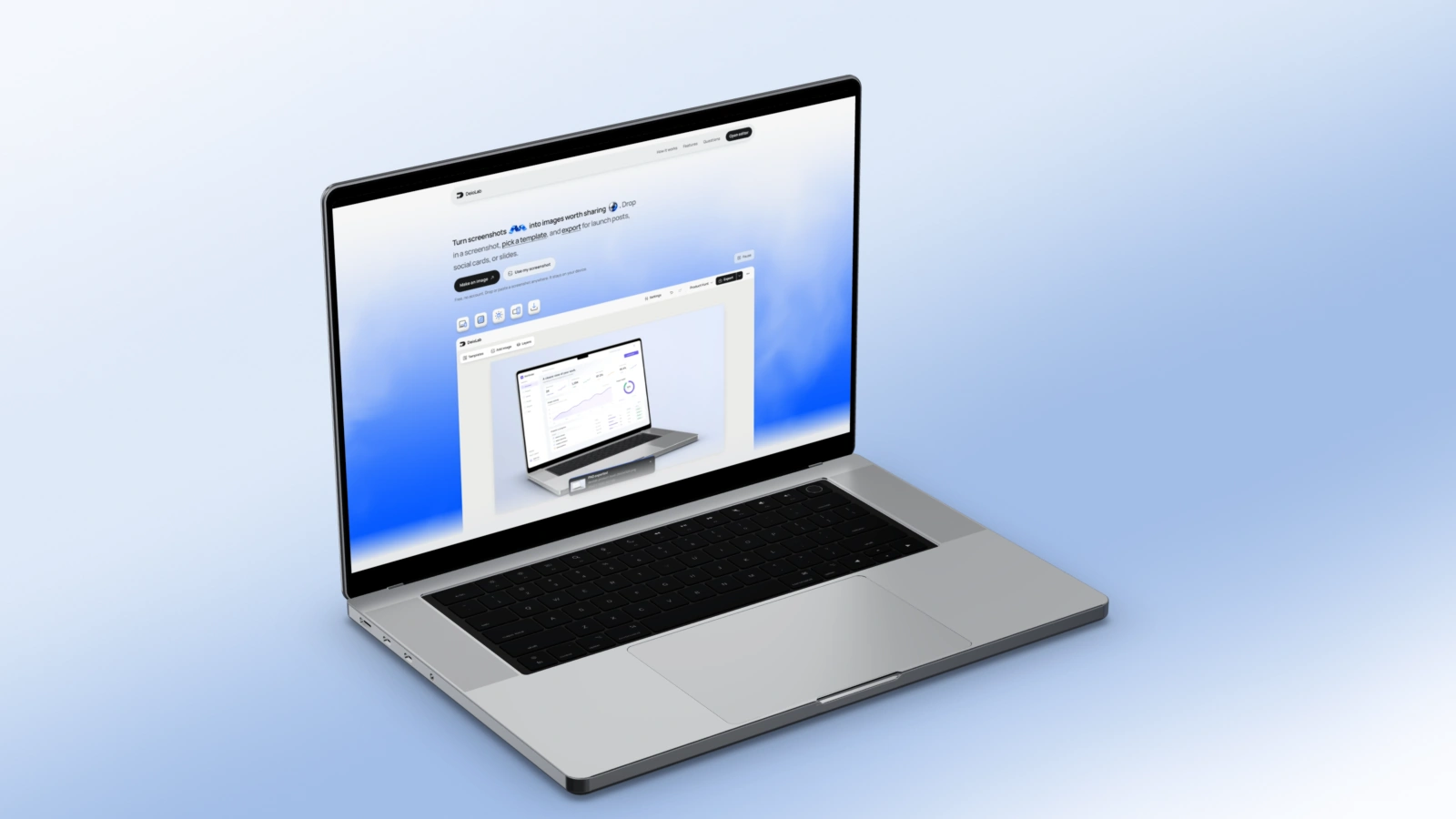 DeioLab screenshot in a laptop frame on the sky background.