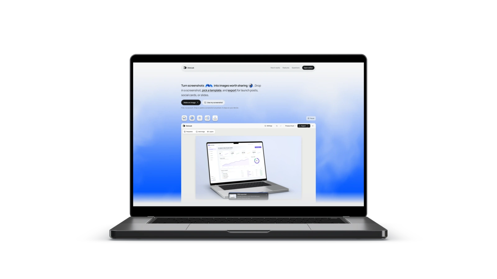 The same laptop mockup with its background removed, preserving the device and shadow.