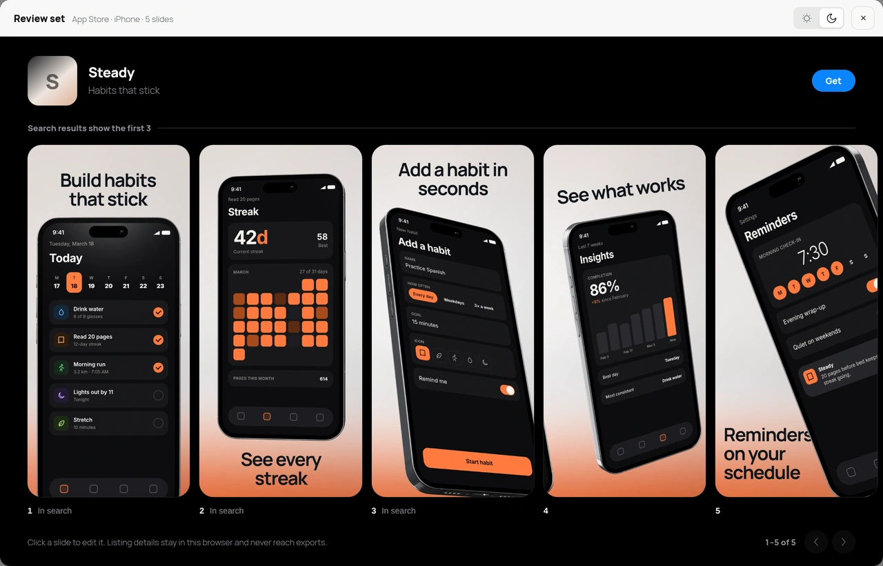 DeioLab’s Review set window displaying the Steady screenshot sequence before export.
