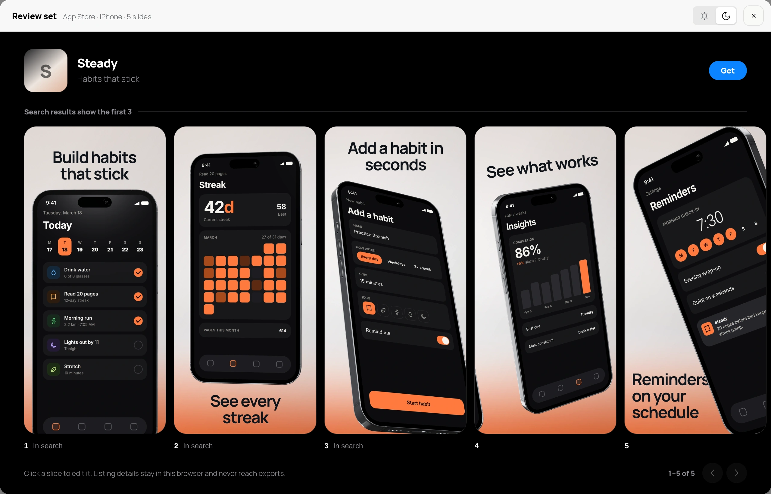 DeioLab’s review window showing a coordinated set of Steady screenshots.