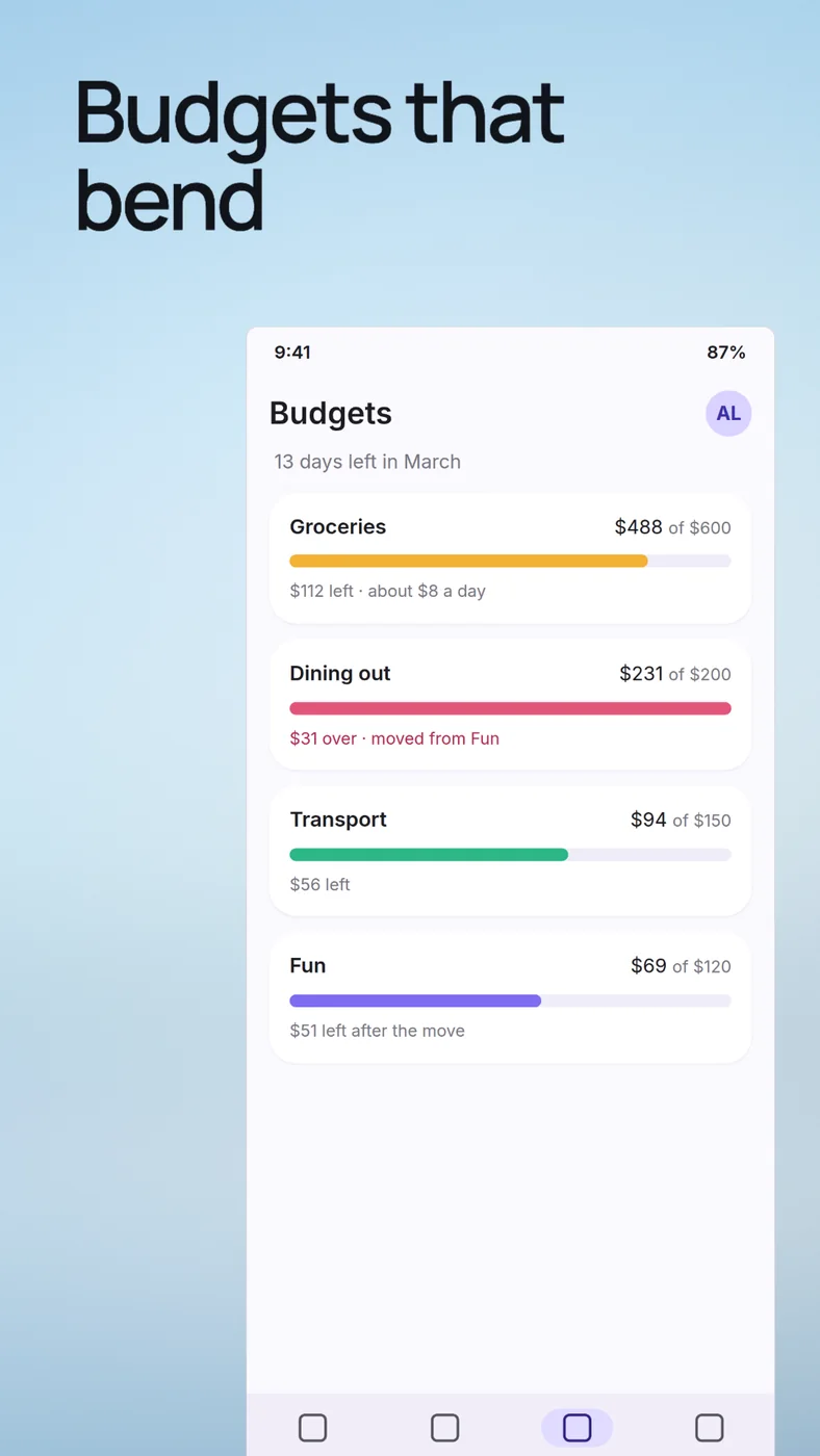 Category budgets with progress bars.