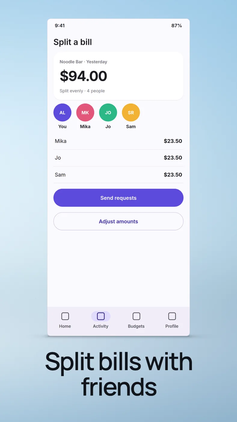 A bill split between four friends.