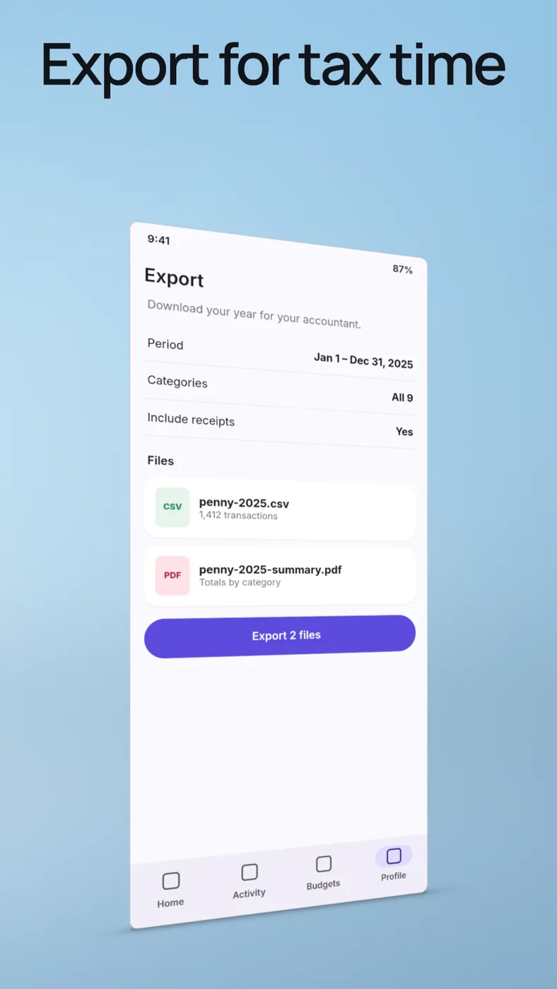 Exporting transactions and a spending summary.