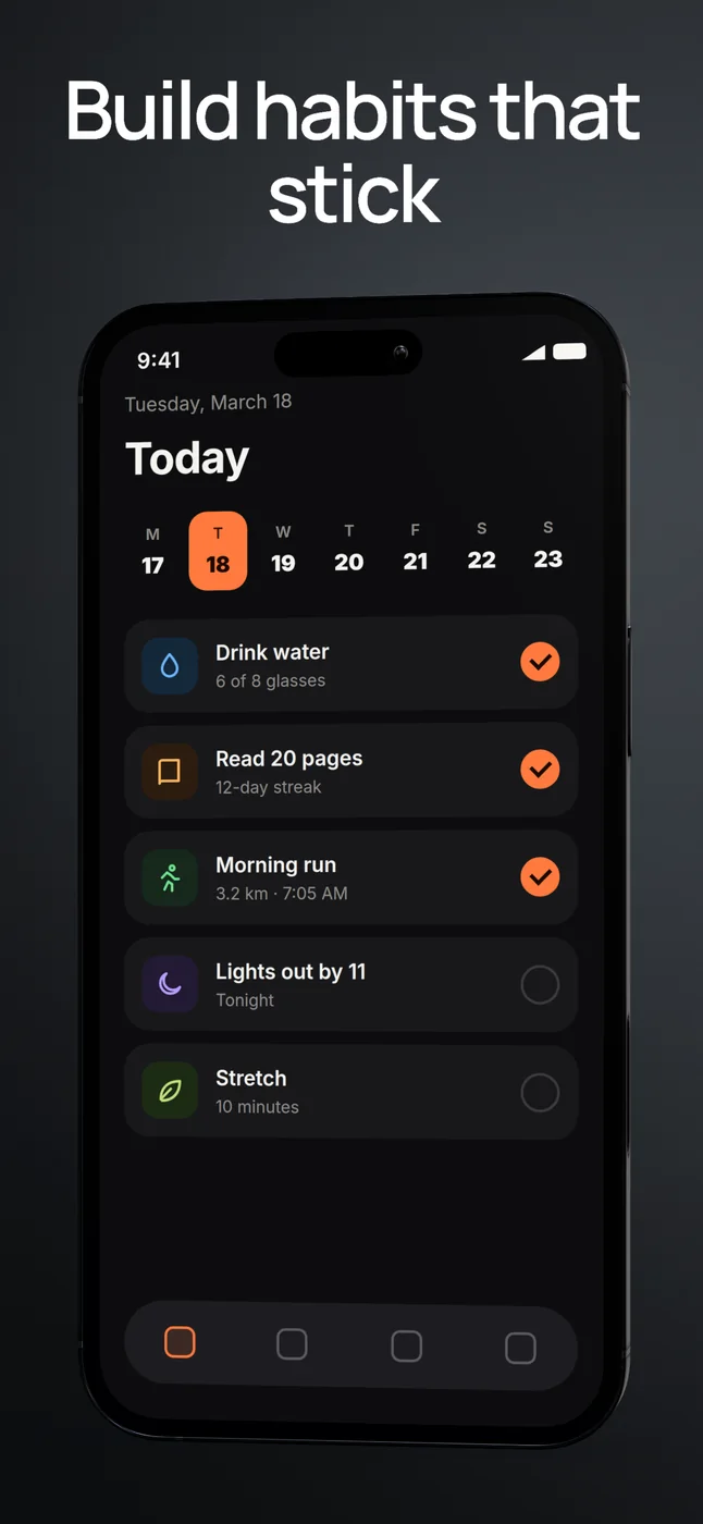 Habit overview with a phone frame and headline.