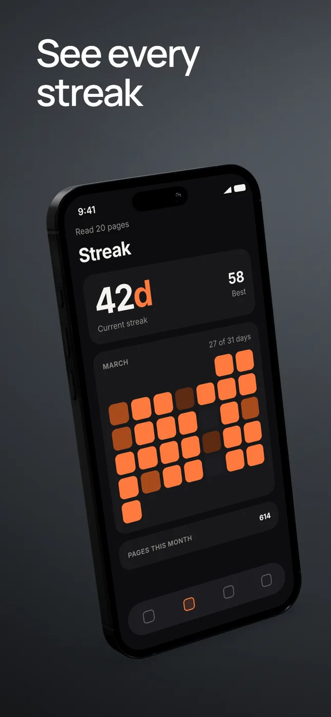 Streak calendar in a tilted phone composition.