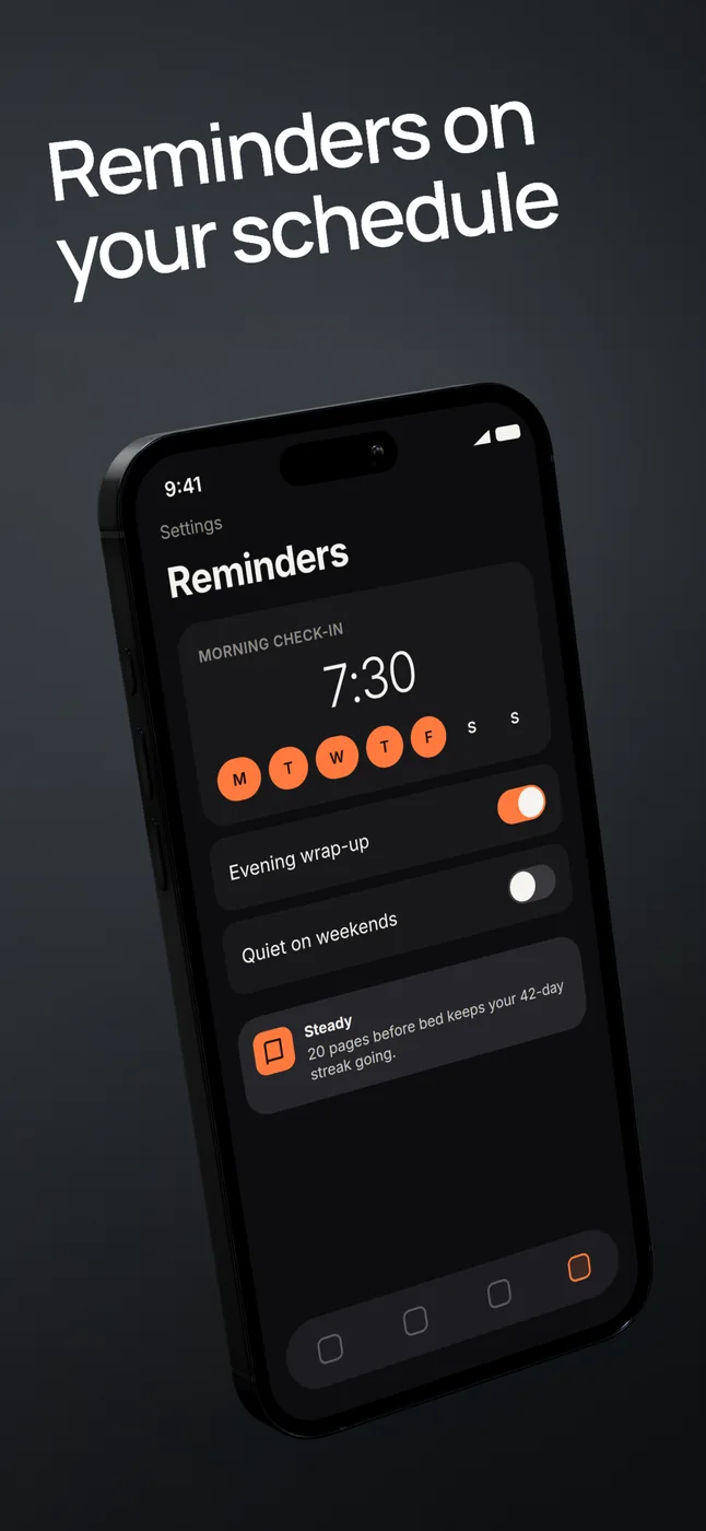 Reminder settings in a fully visible tilted phone composition.